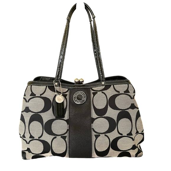 Coach Handbags - Coach Signature Stripe Carryall Satchel Handbag Vintage Black Gray Kisslock Y2K
